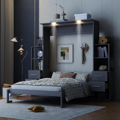 Queen Murphy Bed Cabinet, Space Saving Wall Bed with Storage and Lights | Flexible slats support an 8-inch mattress, while 2 four-layer shelves and 4 drawers help keep essentials organized