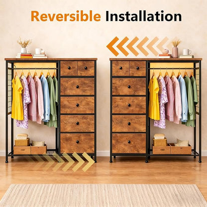 Simple Deluxe Storage Clothes Rack with 6 Drawers, Charging Station & LED Lights, Fabric Chest Shelves Clothing Rack, Wooden Portable Wardrobe Closet, 49.2" W x 15.7" D x 47.2" H, Brown