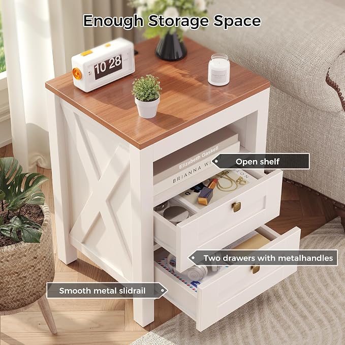 Luoxiao Nightstand Set of 2 with Charging Station, End Table, 18" Farmhouse Side Table with 2 Storage Drawers, Rustic Wooden Sofa Table, Bedside Cabinet for Living Room, Bedroom, White