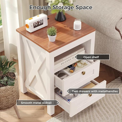 Luoxiao Nightstand Set of 2 with Charging Station, End Table, 18" Farmhouse Side Table with 2 Storage Drawers, Rustic Wooden Sofa Table, Bedside Cabinet for Living Room, Bedroom, White