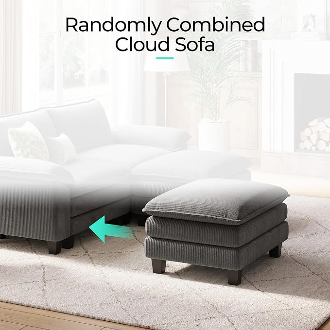 LINSY HOME 90'' Modular Sectional Sofa 2 Seat Couch Corduroy Cloud Couch with Deep Seat, Modern Cloud Couch with 2 Movable Ottoman for Living Room, Office, Bedroom, Grey