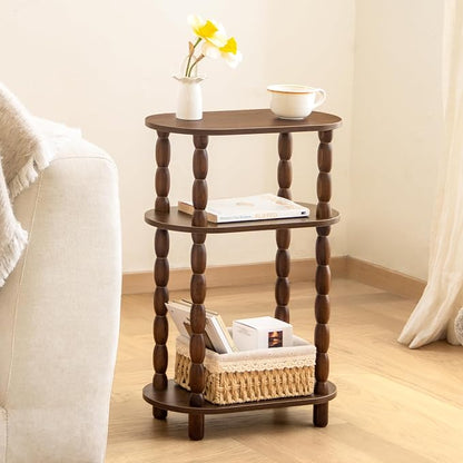 MaxSmeo Small Side Table, 3-Tier Narrow Small End Table with Storage, Skinny Bedside Table Nightstand, Bedrooms, Living Room (Walnut Brown)