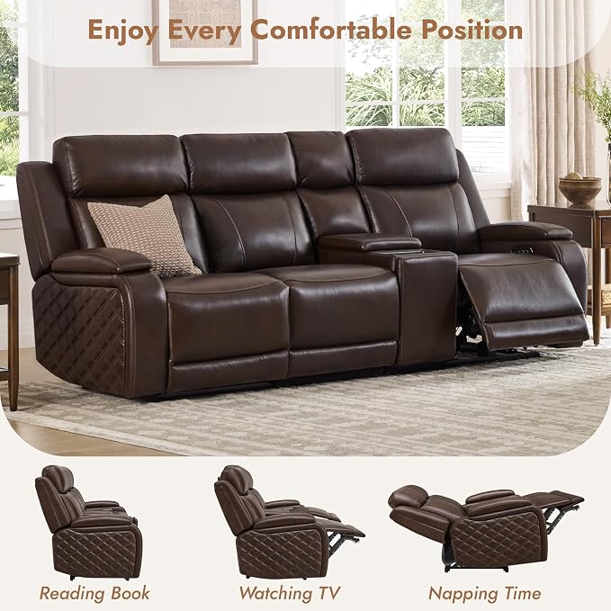 Watson & Whitely Genuine Leather Power Recliner Sofa with Console, 3 Seater Zero Gravity Reclining Sofa with Power Headrest & Flip Middle Backrest Table, Cup Holders for Living Room, Dark Brown