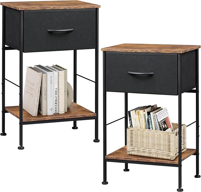 WLIVE Small Black Nightstand Set of 2 with Drawer, Fabric Bedside Table | Night Stands Set of 2 with Wood Open Shelf, End Table with Steel Frame, Side Table for Bedroom, Dorm, Easy Assembly