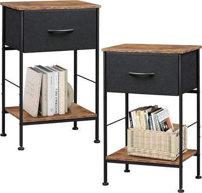 WLIVE Small Black Nightstand Set of 2 with Drawer, Fabric Bedside Table | Night Stands Set of 2 with Wood Open Shelf, End Table with Steel Frame, Side Table for Bedroom, Dorm, Easy Assembly