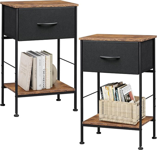 WLIVE Small Black Nightstand Set of 2 with Drawer, Fabric Bedside Table | Night Stands Set of 2 with Wood Open Shelf, End Table with Steel Frame, Side Table for Bedroom, Dorm, Easy Assembly
