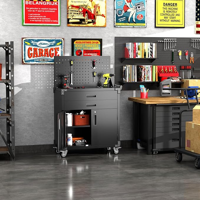 SUXXAN Rolling Tool Organizer Cart with Drawers and Locking Storage Cabinet, Heavy Duty Metal Service Utility Cart with Side Pegboard & Adjustable Shelf for Garage, Workshop, Black 52" H