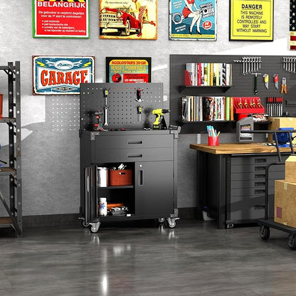 SUXXAN Rolling Tool Organizer Cart with Drawers and Locking Storage Cabinet, Heavy Duty Metal Service Utility Cart with Side Pegboard & Adjustable Shelf for Garage, Workshop, Black 52" H
