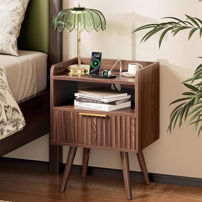 Huuger Nightstand with Charging Station, USB-C Port, Fluted Night Stand with Drawer, Bed Side Table with Solid Wood Feet, Open Storage, End Table with Raised Edge, for Bedroom, Walnut
