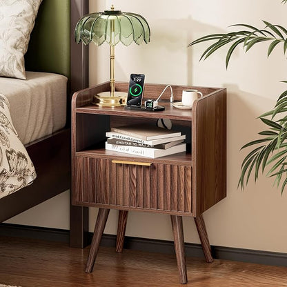 Huuger Nightstand with Charging Station, USB-C Port, Fluted Night Stand with Drawer, Bed Side Table with Solid Wood Feet, Open Storage, End Table with Raised Edge, for Bedroom, Walnut