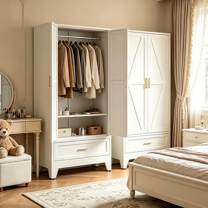 71" H White Closet,Armoire Wardrobe Closet,Metal Wardrobe Closet with Doors and Shelves,Large Wardrobe Closet for Bedroom