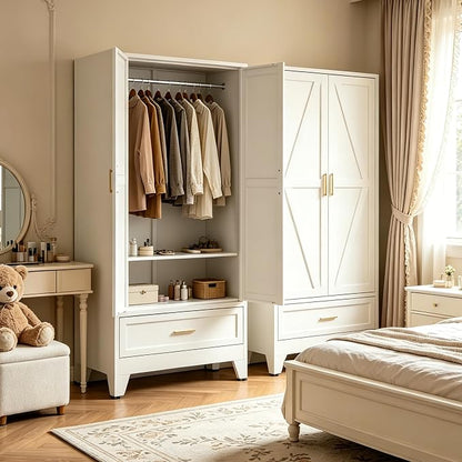 71" H White Closet,Armoire Wardrobe Closet,Metal Wardrobe Closet with Doors and Shelves,Large Wardrobe Closet for Bedroom