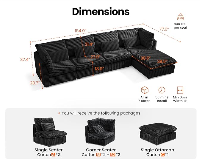 154" Oversized Corduroy Couch Modular Sectional Sofa, Washable Cloud Couch Sectional with Ottoman, 5 Seater Sectional Couches for Living Room, Fully Cover Removable, L Shaped, Corduroy, Black