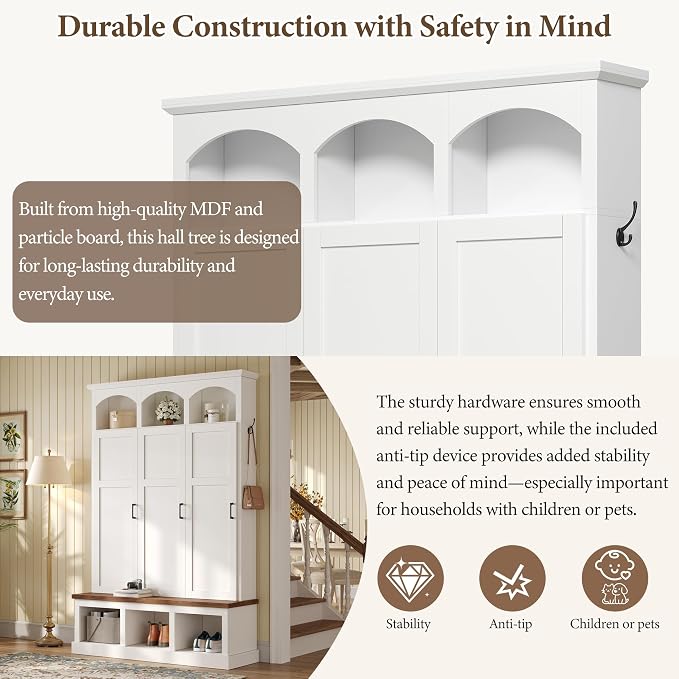 Merax Classic Arched Hall Tree with 3 Hidden Storage, Farmhouse Mudroom Bench with 5 Hooks, Mid-Century Entryway Organizer for Shoes, White