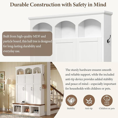 Merax Classic Arched Hall Tree with 3 Hidden Storage, Farmhouse Mudroom Bench with 5 Hooks, Mid-Century Entryway Organizer for Shoes, White