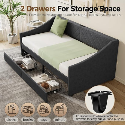 Twin Size Daybed with 2 Storage Drawers, Upholstered Daybed Frame with Charging Station, Heavy Duty Sofa Bed for Bedroom, Living Room, No Box Spring Needed,Easy Assembly