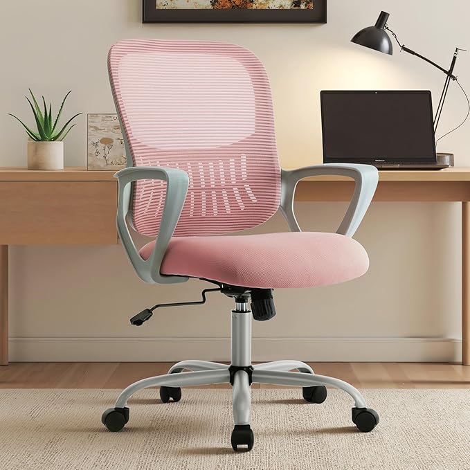 OLIXIS Home Office Chair, Mid Back Computer Ergonomic Mesh Desk with Large Seat, Executive Height Adjustable Swivel Task with Lumbar Support and Armrest, for Adults, Pink