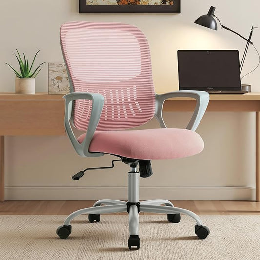 OLIXIS Home Office Chair, Mid Back Computer Ergonomic Mesh Desk with Large Seat, Executive Height Adjustable Swivel Task with Lumbar Support and Armrest, for Adults, Pink
