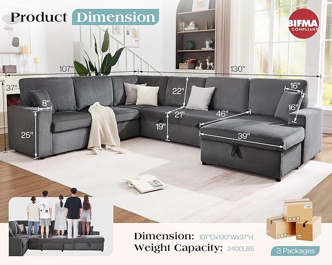 VanAcc 130" Sofa Bed, Sectional Sleeper Sofa with Pull Out Bed, Sleeper Couch for Living Room, 6 Seater Couch with Storage, Corduroy Grey