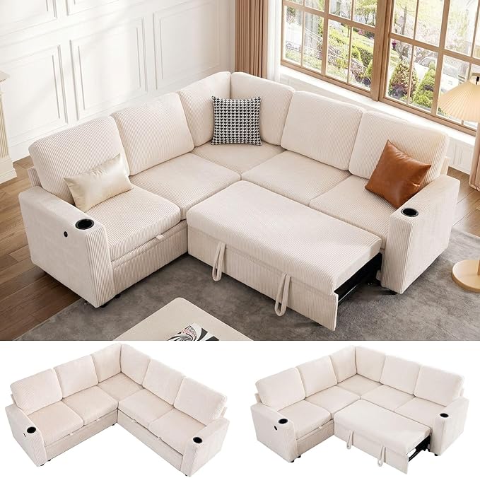 ROCANT 84 inch Modular Sectional Couch with Pull Out Bed, 5-Seat L-Shaped Corduroy Sleeper Sofa with Reversible Chaise, Built-in Storage, USB Port and Cup Holders