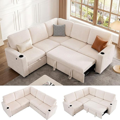 ROCANT 84 inch Modular Sectional Couch with Pull Out Bed, 5-Seat L-Shaped Corduroy Sleeper Sofa with Reversible Chaise, Built-in Storage, USB Port and Cup Holders