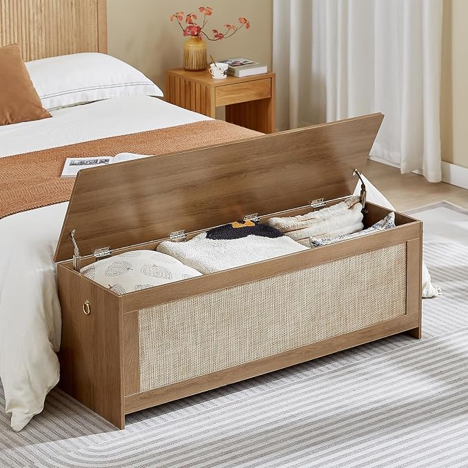 51.2" Storage Chest Extra Large,Storage Bench with 2 Safety Hinges,Wooden Shoe Bench,51.2x15.7x18.3 Inch,Easy Assembly,Storage Bench for Bedroom,Living Room,entryway(Cherry Brown)