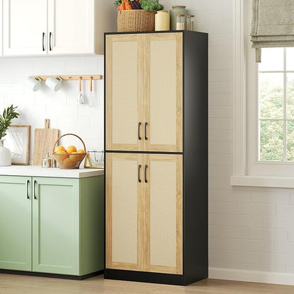 JASIWAY Rattan Pantry Cabinet, 67" Tall Kitchen Storage Cabinet with Doors | Adjustable Shelves, Wicker Linen Closet Cupboard for Laundry, Bathroom, Black
