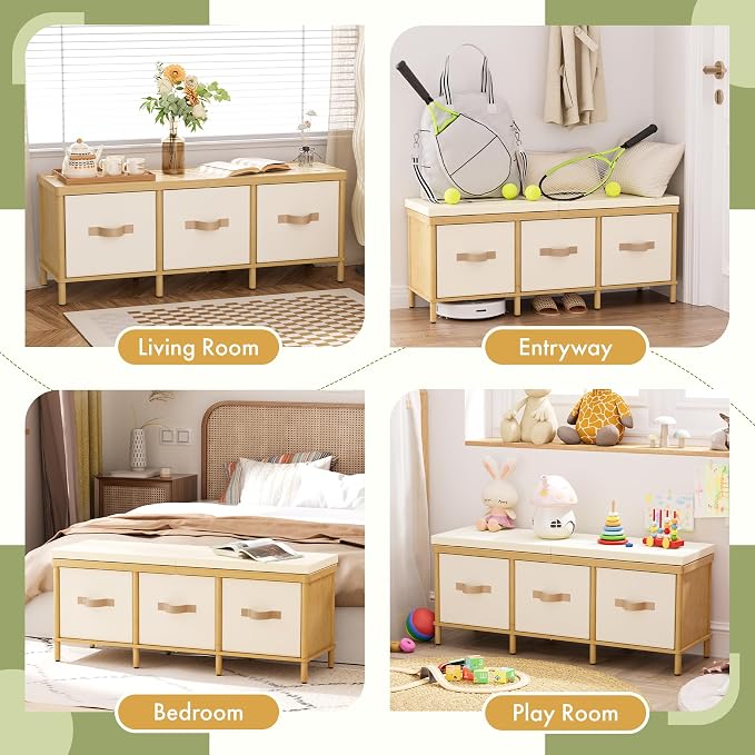 Storage Bench, 43.3" Bamboo Storage Chest with 3 Drawers, Entryway Bench with Cushioned Seat, End of Bed Bench with Storage Toy Box, Toy Chest Storage Bench for Entryway, Living Room, Bedroom