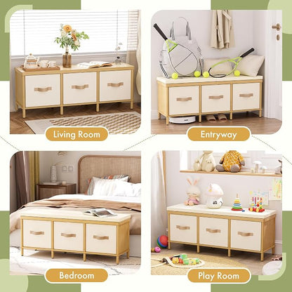 Storage Bench, 43.3" Bamboo Storage Chest with 3 Drawers, Entryway Bench with Cushioned Seat, End of Bed Bench with Storage Toy Box, Toy Chest Storage Bench for Entryway, Living Room, Bedroom