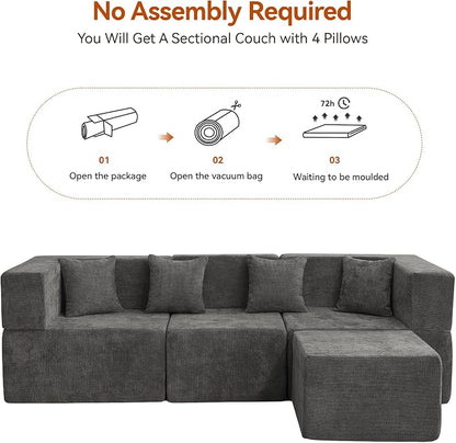 MONVANE 103'' Modular Sectional Sofa, Comfy Chenille Cloud Couch with Ottoman, Modern Convertible L Shaped Couch with Deep Seat, Sectional Couches for Living Room, Bedroom and Apartment, Grey