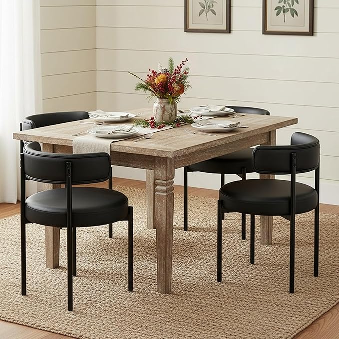 Faux Leather Dining Chairs Set of 4, Upholstered Kitchen and Dining Room Chairs, Mid-Century Modern Dining Chairs with Round Back and Black Metal Legs, Vegan Leather, Black
