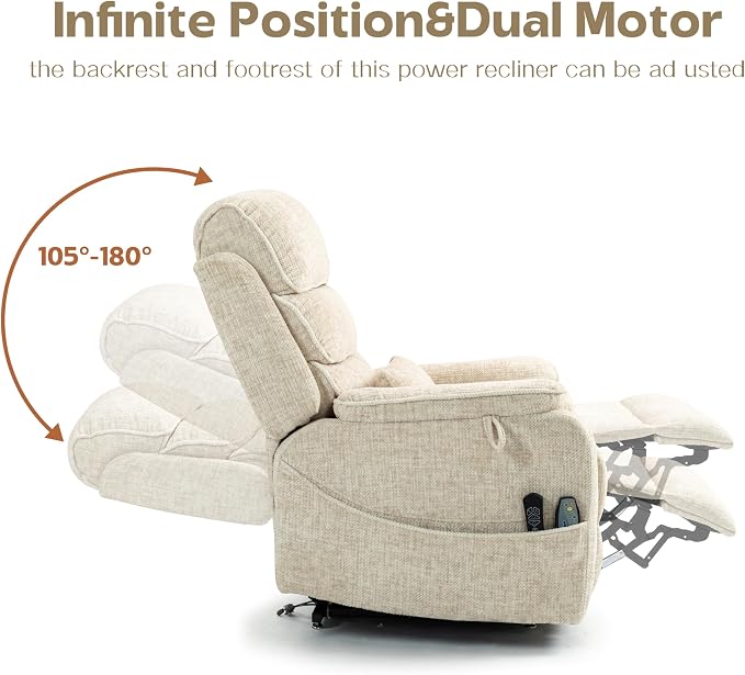 JIKFRIMA Power Lift Recliners Chairs for Elderly Adults Lay Flat Recliner with Heat & Massage, Wireless Charging Device, USB Ports, Cup Holder, Lumbar Pillow, 400Lbs (Velvet Fibric,Beige)