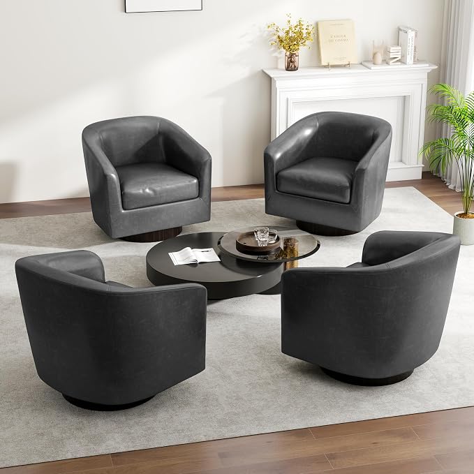 Swivel Barrel Accent Chair, Modern Round Faux Leather Arm Chair for Living Room, Bedroom, Comfy Club Reading Chairs for Adults(Faux Leather, Black, Set of 4)
