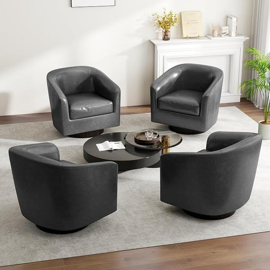 Swivel Barrel Accent Chair, Modern Round Faux Leather Arm Chair for Living Room, Bedroom, Comfy Club Reading Chairs for Adults(Faux Leather, Black, Set of 4)