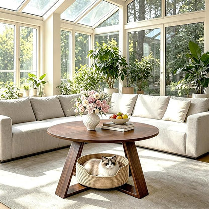 Round Coffee Table, 31.5" Modern Unique Farmhouse Coffee Table for Living Room with Walnut Wood Grain,Small Coffee Table with Open Storage, Circle Center Table with Cross Base,Rustic Brown