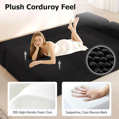 Convertible Sofa Bed, 78.7" Frameless Floor Sofa-in-a-Box, Corduroy Boneless Couch for Small Space Apartments, Queen Sleeper Sofa for Everyday Use, 3 Pillows Included, No Assembly (Black)