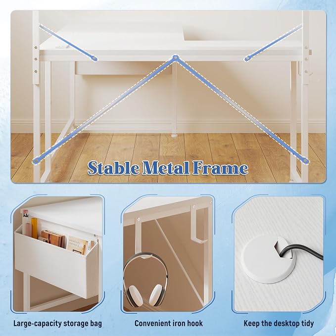 DurayLoly L Shaped Desk Computer Desk with LED Light & Power Outlet, 43.3 Inch Reversible White Desk with Shelf & Storage Bag & Hook for Home Office, White