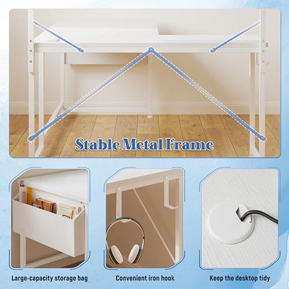 DurayLoly L Shaped Desk Computer Desk with LED Light & Power Outlet, 43.3 Inch Reversible White Desk with Shelf & Storage Bag & Hook for Home Office, White
