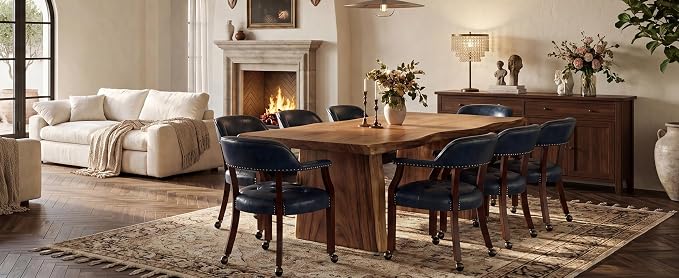 LEEMTORIG Set of 8 Dining Chairs with Casters and Arms, Large Rolling Dining Chairs with Wheels, Accent Poker Chairs, Solid Wood Boss Caption's Chairs Office Chairs, Cherry Legs & Blue SY-1533-LB