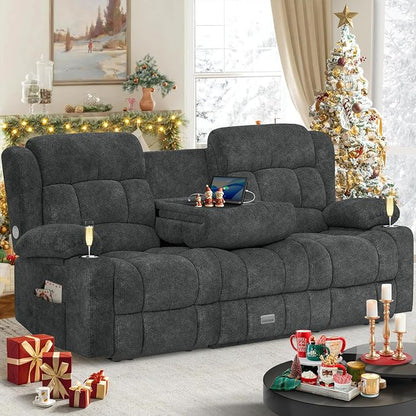 Dresegmt Loveseat Recliner Sofa, Flip Middle Backrest Design 3 Seat Reclining Sofa with Storage Drawer, USB Ports & Cup Holders, Manual Couch for Living Room/RV (Gray)