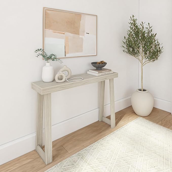 Plank+Beam Classic 46 Inch Console Table, Solid Pine Wood Entryway Table, Narrow Sofa Table for Hallway or Living Room, White Sand