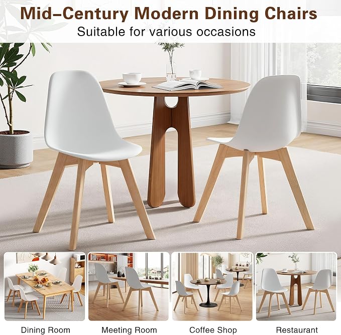 VECELO Dining Chairs Set of 4, Mid-Century Modern Kitchen & Dining Room Chairs, Molded Plastic Seat & Back, Solid Wood Legs, Armless, Non-Slip Feet, White