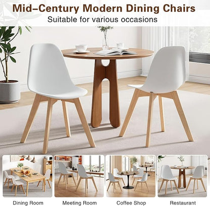VECELO Dining Chairs Set of 4, Mid-Century Modern Kitchen & Dining Room Chairs, Molded Plastic Seat & Back, Solid Wood Legs, Armless, Non-Slip Feet, White