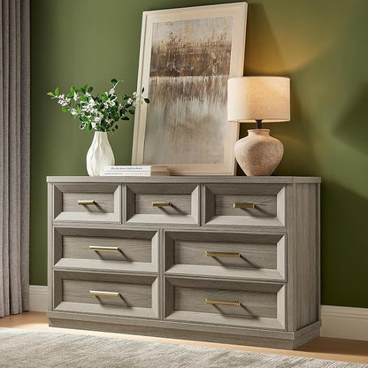 7 Drawer Dresser for Bedroom, 53.5" Wide Wooden Closet Organizers, Modern Chest of Drawers with Metal Handle, Large Storage Dresser TV Stand for Office, Hallway (Grey Oak)
