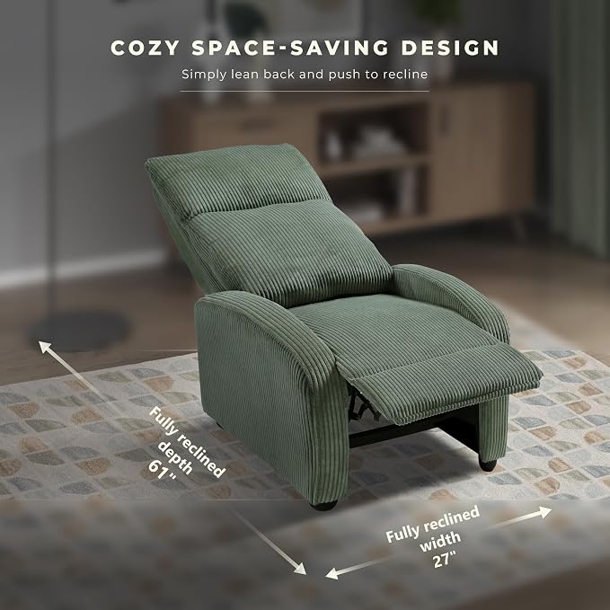 Lexicon Corduroy Pushback Recliner Chair Armchair Push Back Recliner, Solid Wood Frame and Metal Seat Base, Soft Single Sofa Accent Chair for Living Room/Office/Apartment, Easy Assembly, Green