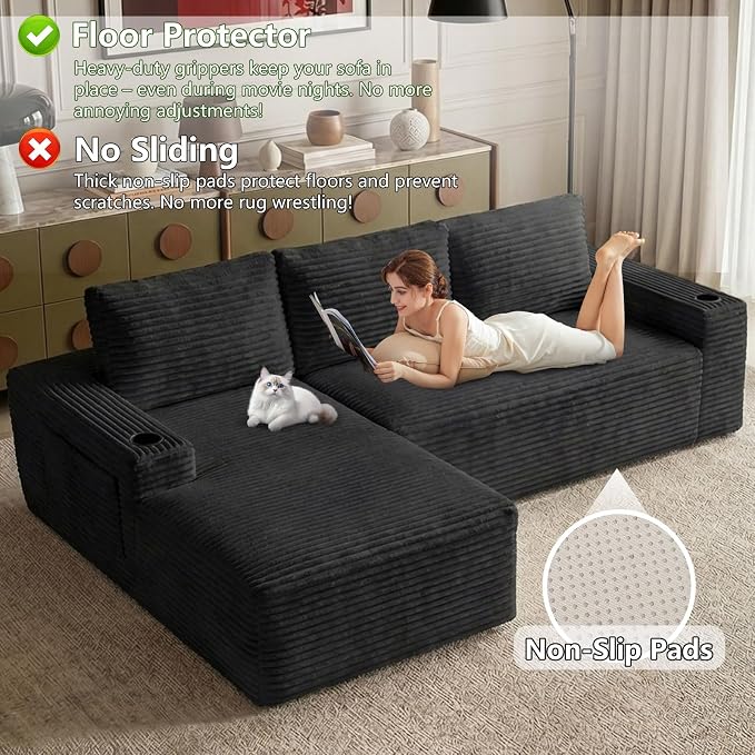 104.3" Modular Sectional Sofa,Modern Corduroy Cloud Couch with Cup Holder & Side Pockets,Boneless Couch Upholstered 3-Seater L-Shaped Sofa for Living Room,No Assembly (Black, Left-Facing Chaise) | with Cup Holder