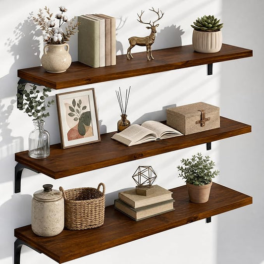 12 Inch Deep Floating Shelves Set of 3, 48 Inch Extra Wide Rustic Walnut Solid Wood Wall Shelves, 4ft Heavy Duty Farmhouse Wall Mounted Shelving for Kitchen, Living Room & Bedroom