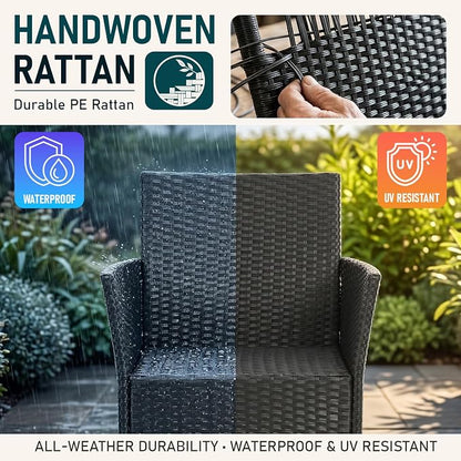 FDW Wicker Outdoor Furniture Patio Furniture Set of 3 Rattan Patio Chairs Outdoor Chairs Patio Conversation Set with Coffee Table for Yard Backyard Lawn Porch Poolside Balcony,Black