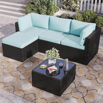 Aoxun Patio Furniture Set 5-Piece, Outdoor Sectional Sofas with Washable Cushion, Wicker Rattan Patio Conversation Sets for Backyard Porch and Poolside, Mint Blue