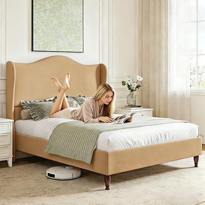Welzona Queen Size Bed Frame 51" Tall Wingback Headboard, Soft Fabric Upholstered Platform Bed with Solid Wood Legs and Wooden Slats Support, No Box Spring Needed, Easy Assembly,Fawn Brown